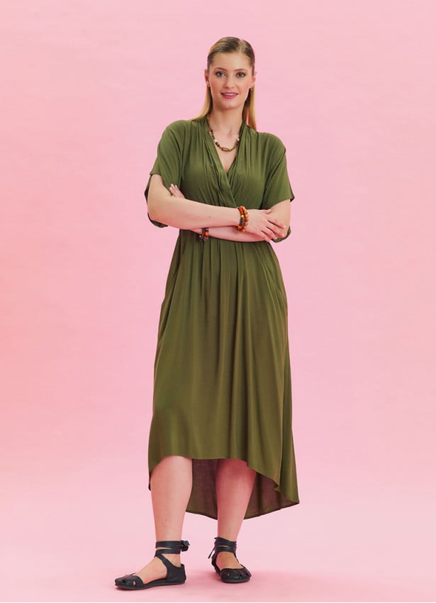 V Neck Pleated Detailed Khaki Casual Dress 4531